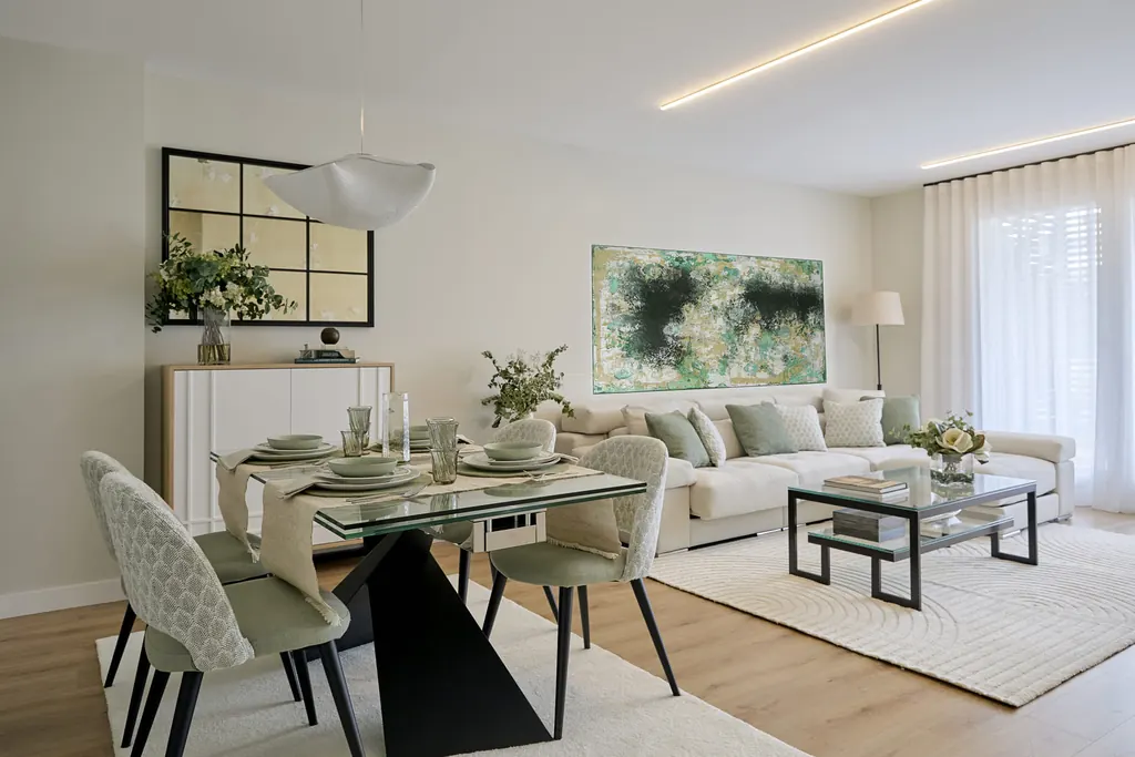 Salón con estanterías a medida y sofá blanco
